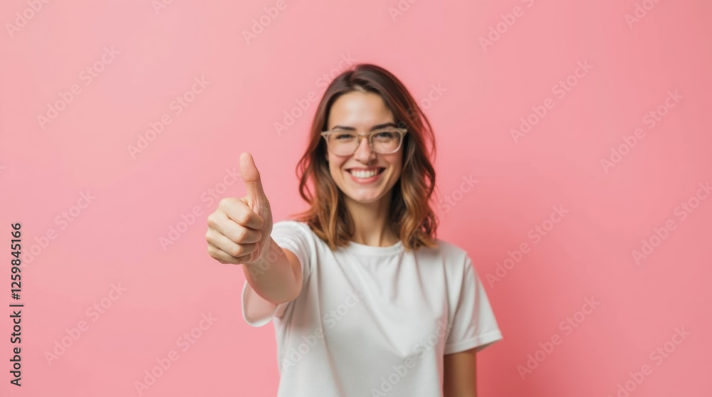Young white woman with glasses, standing on a pink background, gives a thumbs up, rejoicing at success. Young white woman with glasses, standing on a pink background, gives a thumbs up, rejoicing at success.