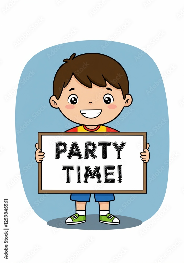 Cartoon boy with 'Party Time!' sign Cartoon boy with 'Party Time!' sign