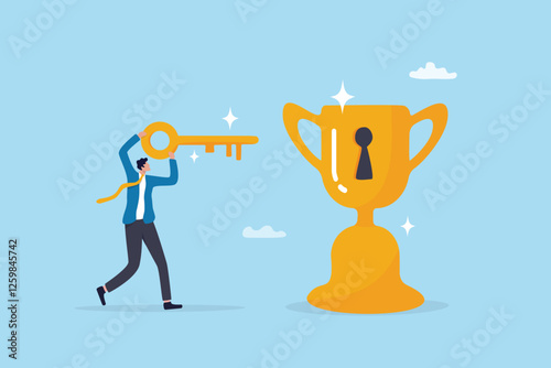 Unlock key to success, solution to achieve winning opportunity, chance or challenge, ambition or motivation to succeed in life, hard work, businessman with key to success to unlock winning trophy.