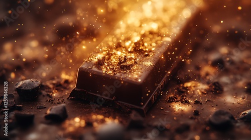 A luxurious chocolate bar breaking open in slow motion, rich fudge rippling out from the center, chocolate fragments sharp and glossy, illuminated by dramatic golden tones, hyper-realistic and vivid,