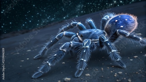 Cosmic Spider: A striking blue tarantula spider with vibrant white markings, set against a backdrop of shimmering, cosmic dust. The creature's eight hairy legs and large. photo