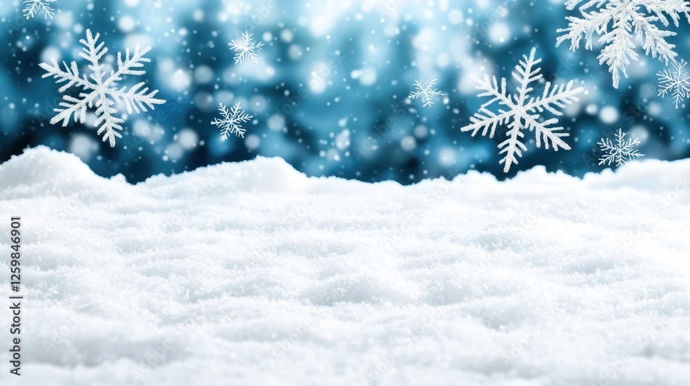 A serene winter scene featuring soft snow covering the ground, with delicate snowflakes gently falling against a blue background. A serene winter scene featuring soft snow covering the ground, with delicate snowflakes gently falling against a blue background.