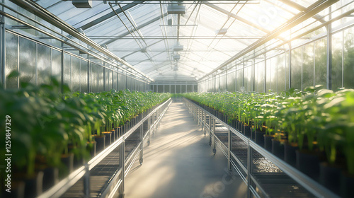 Smart greenhouse interior, High-tech indoor greenhouse, Hydroponic vertical farm inside a large greenhouse, rows of plants growing on high-tech shelves

