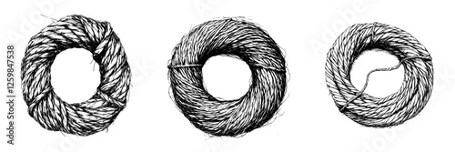 Detailed illustration of three different styles of coiled rope on a white background