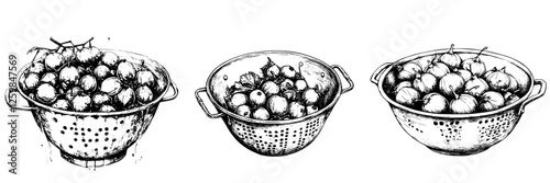 Fresh fruits displayed in metal colanders on a white background for culinary decoration and illustration purposes