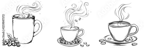 Warm coffee cups with steam rising and scattered coffee beans in a cozy setting