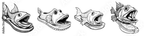 Unique and quirky designs of fish-shaped footwear displayed together in an artistic arrangement