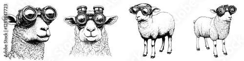 Sheep wearing goggles showcase a quirky and humorous side in a unique black and white illustration featuring four expressive characters