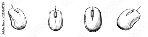 Different styles of computer mouse sketches on a blank background highlighting design variations and functionality