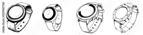 Various designs of watches displayed in a sketch format featuring sleek styles and different wristbands in a creative composition