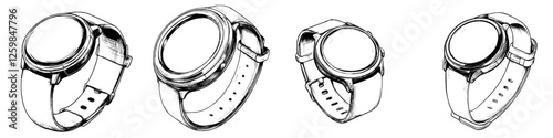 Multiple sketches of a smartwatch design displayed in various angles