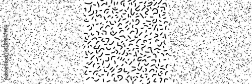 Unique black and white abstract pattern featuring random shapes and lines spanning the surface in various densities and arrangements