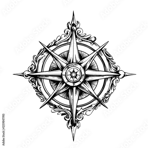 Detailed ornate compass rose design with intricate patterns ideal for nautical themes or graphic art projects