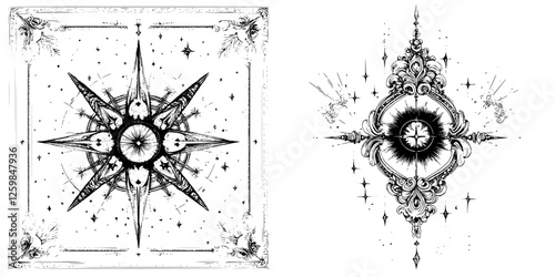 Intricate black and white compass designs showcasing celestial elements with ornate star patterns and decorative flourishes