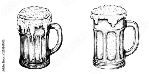 Detailed illustration of two frothy beer mugs with distinct designs displayed on a white background