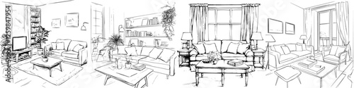 Three cozy living room designs showcasing modern interiors with plants and comfortable seating