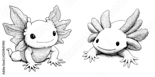 Unique axolotl illustrations showcasing whimsical features and lively expressions in a playful aquatic setting