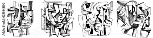 Abstract black and white artwork showcasing geometric shapes and lines in a modern artistic style