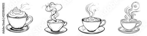 Creative sketches of steaming cups of coffee and hot beverages with unique frothy designs