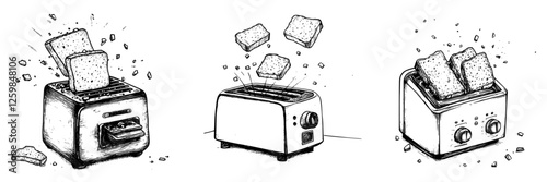 Various designs of toasters showcasing bread being toasted in different styles and forms in a kitchen environment
