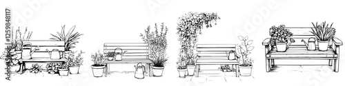 Beautiful hand-drawn vector illustration of garden benches adorned with vibrant plants and flowers in various arrangements