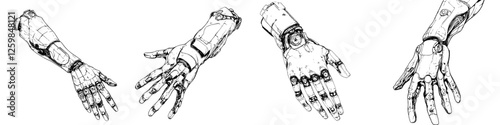 Robotic hands displaying various gestures in a technical illustration set in a conceptual art environment