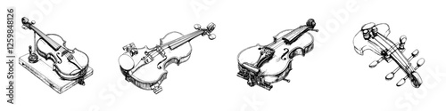 Various styles of violins displayed in a fine art setting illustrating musical craftsmanship and design details