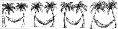 Relaxing in hammocks among palm trees at a tranquil beach location during sunset in hand-drawn vector style