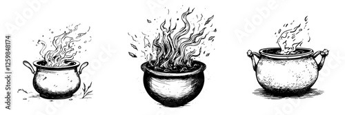 Creative illustration of three unique cooking pots with flames and steam rising in a whimsical style