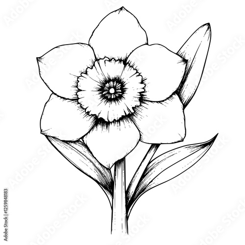 Sketch of a daffodil flower with detailed petals and leaves
