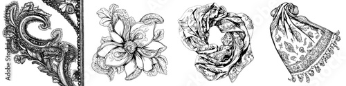 Intricate hand-drawn designs of florals and textiles showcasing artistic elegance and craftsmanship