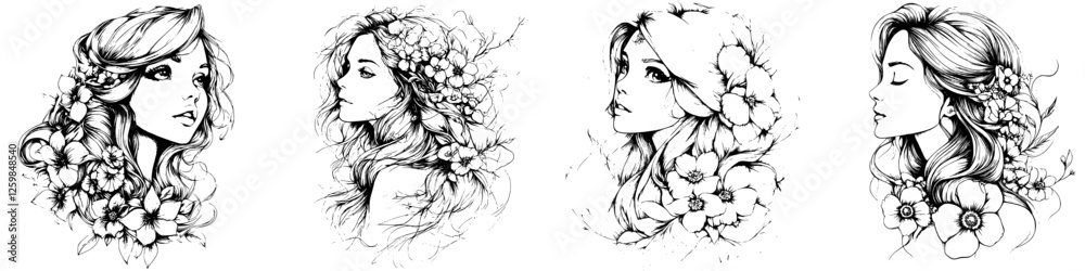 Fototapeta premium Vector illustration featuring woman profiles adorned with flowers and nature elements in a hand-drawn style