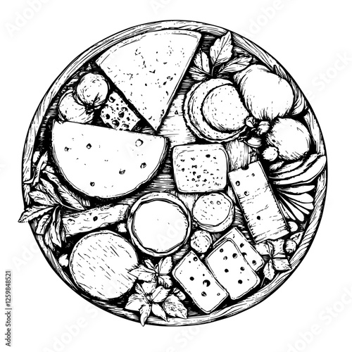 Artistic depiction of a cheese and charcuterie platter with fruits and herbs displayed on a wooden serving board
