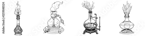 Detailed illustrations of various historical laboratory glassware used for chemical experiments and heat applications