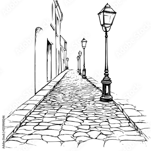 Cobblestone street lined with vintage lamps, contributing to a charming urban landscape during twilight hours