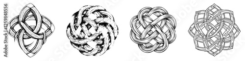 Intricate knot designs showcasing various patterns and styles in a black and white illustration from an unknown artist