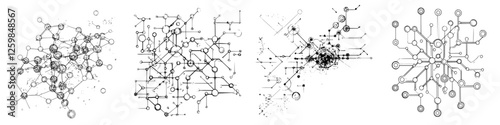 Complex network diagrams illustrating various interconnected data structures and relationships over time in a digital format
