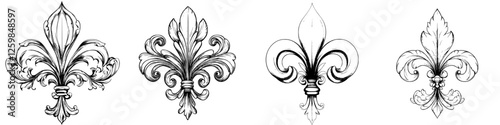Decorative floral designs featuring fleur-de-lis elements in black and white sketches for artistic inspiration