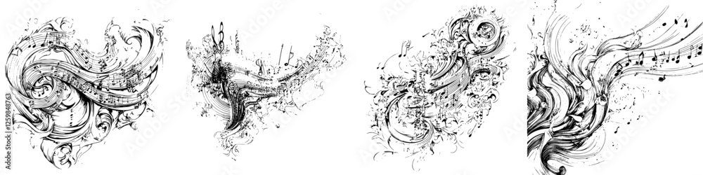 Artistic swirls and notes create an enchanting visual symphony in a monochrome composition Artistic swirls and notes create an enchanting visual symphony in a monochrome composition