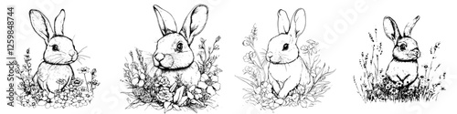 Charming hand-drawn rabbits among colorful wildflowers in a serene nature setting
