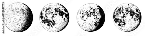 Variations of the moon phases depicted in a simple artistic style showcasing changes in illumination and shadow