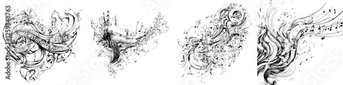 Artistic swirls and notes create an enchanting visual symphony in a monochrome composition