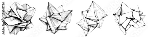Abstract geometric shapes showcase intricate design and dimensionality in monochrome