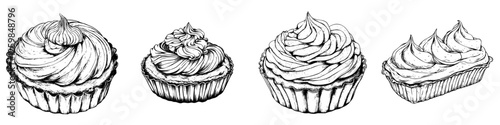 Various styles of cupcakes showcased in an elegant line drawing on a plain background