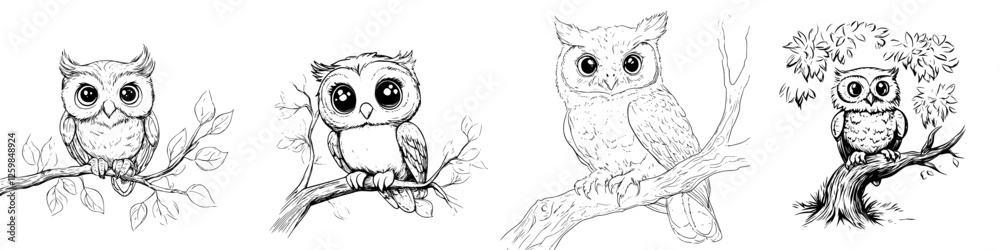 Fototapeta premium Charming hand-drawn vector illustrations of owls perched on branches in a natural setting