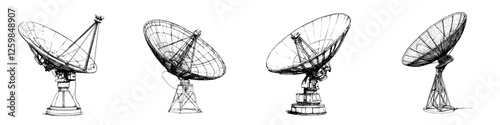 Multiple satellite dishes arranged in a row illustrating communication technology for television and data transmission