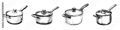 Various cooking pots lined up in a row showcasing different sizes and designs for kitchen use