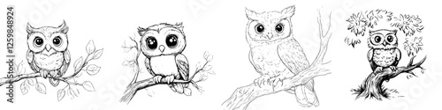 Charming hand-drawn vector illustrations of owls perched on branches in a natural setting