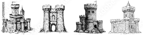 Various medieval castle illustrations showcasing distinct architectural styles and designs with towers and battlements