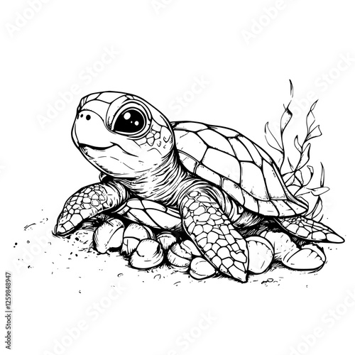 Cute hand-drawn vector illustration of a baby turtle hatching from eggs on a sandy beach surrounded by seaweed
